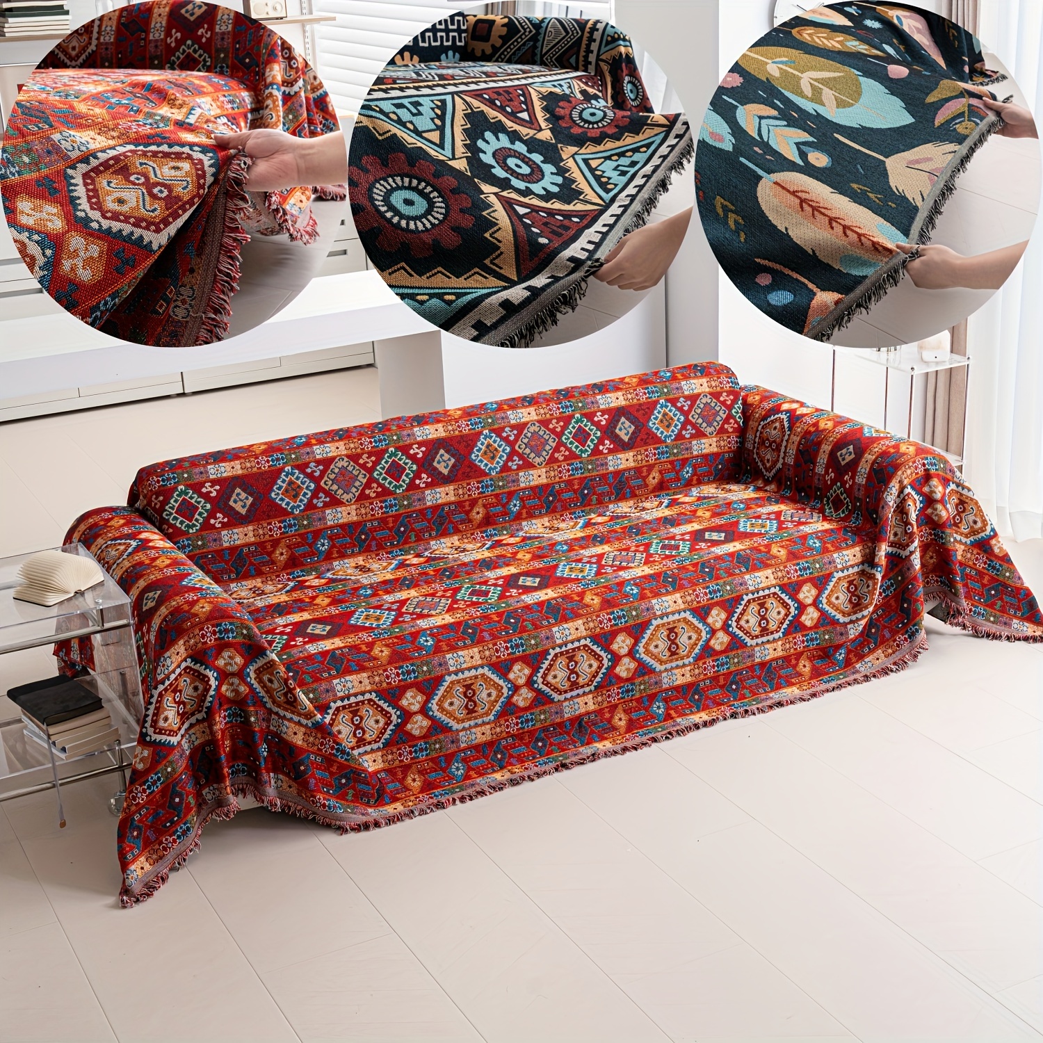 de sofá com franjas estilo boho chic, em e confortável, lavável