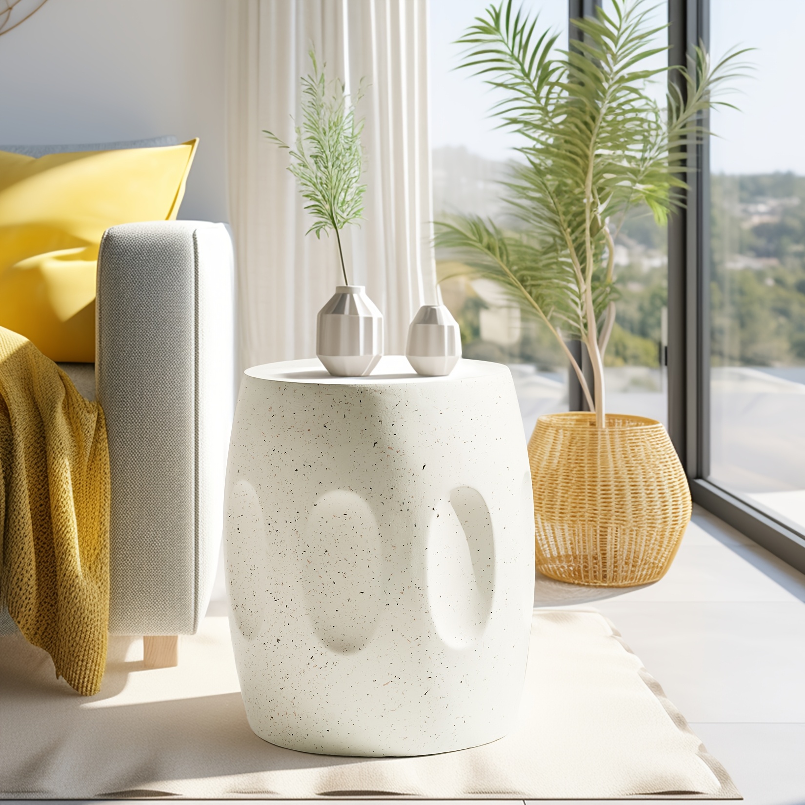 Heavy-Duty Magnesium Oxide Cement Round Outdoor Table - Vintage Cream White Suitable for Garden, Balcony, Patio, Porch, Living Room & Bedroom Accent Table with Polished Cement Top, Space-Saving, Compact Modern Furniture (46x39x39cm)