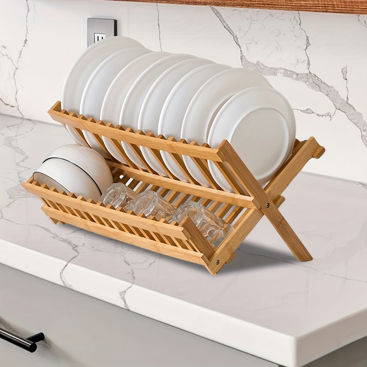 foldable bamboo dish rack kitchen plate rack drying rack for dishes and bowls space saving design 16 20 grids details 2