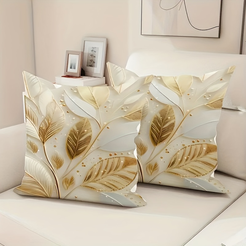 

2-pack Golden Leaf Velvet Throw Pillow Covers, Style, Machine Washable, Zipper Closure, Woven Polyester, Decorative Cushion Cases For Various Room Types - 45cm X 45cm