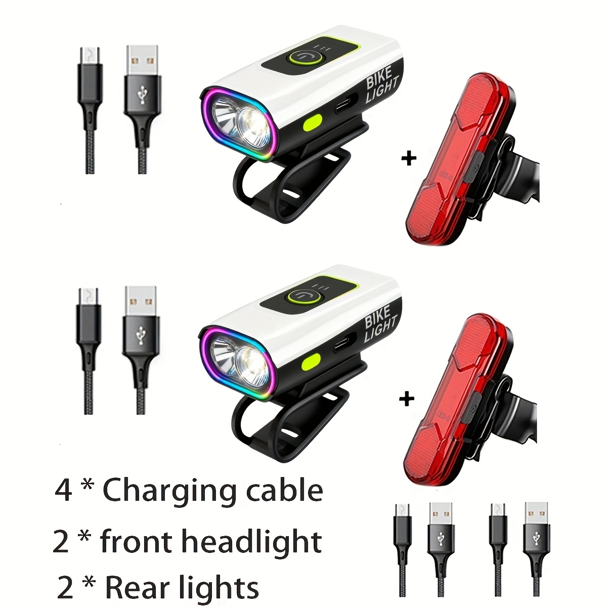 TEMU 1/2pcs Bicycle Light Set, Type-c Fast Charging Bicycle Front And Tail Light Set, Front Light 6 +rear Light 4 , Safe And Portable Led Bike Light