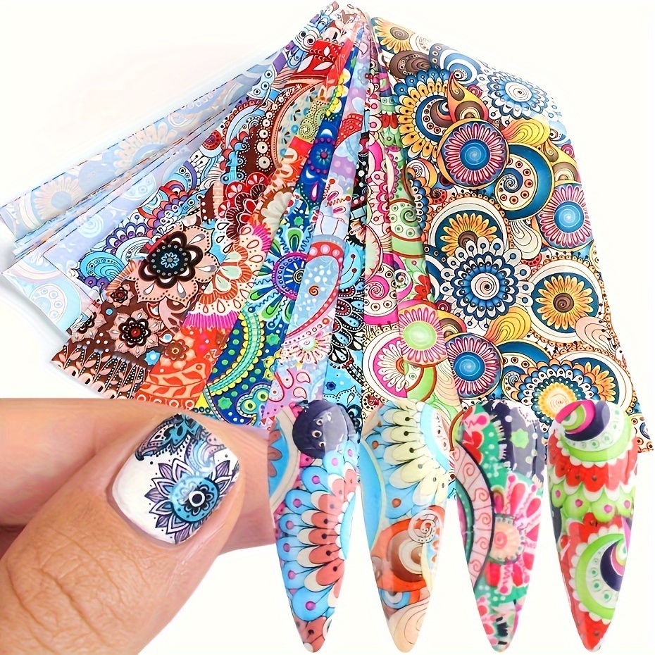 

Bohemian Style Sky Nail Transfer Foils - Vintage Diy Graffiti Cartoon Plaid Nail Art Stickers For Ladies And Girls - Mix And Match Nail Design - 10 Pcs