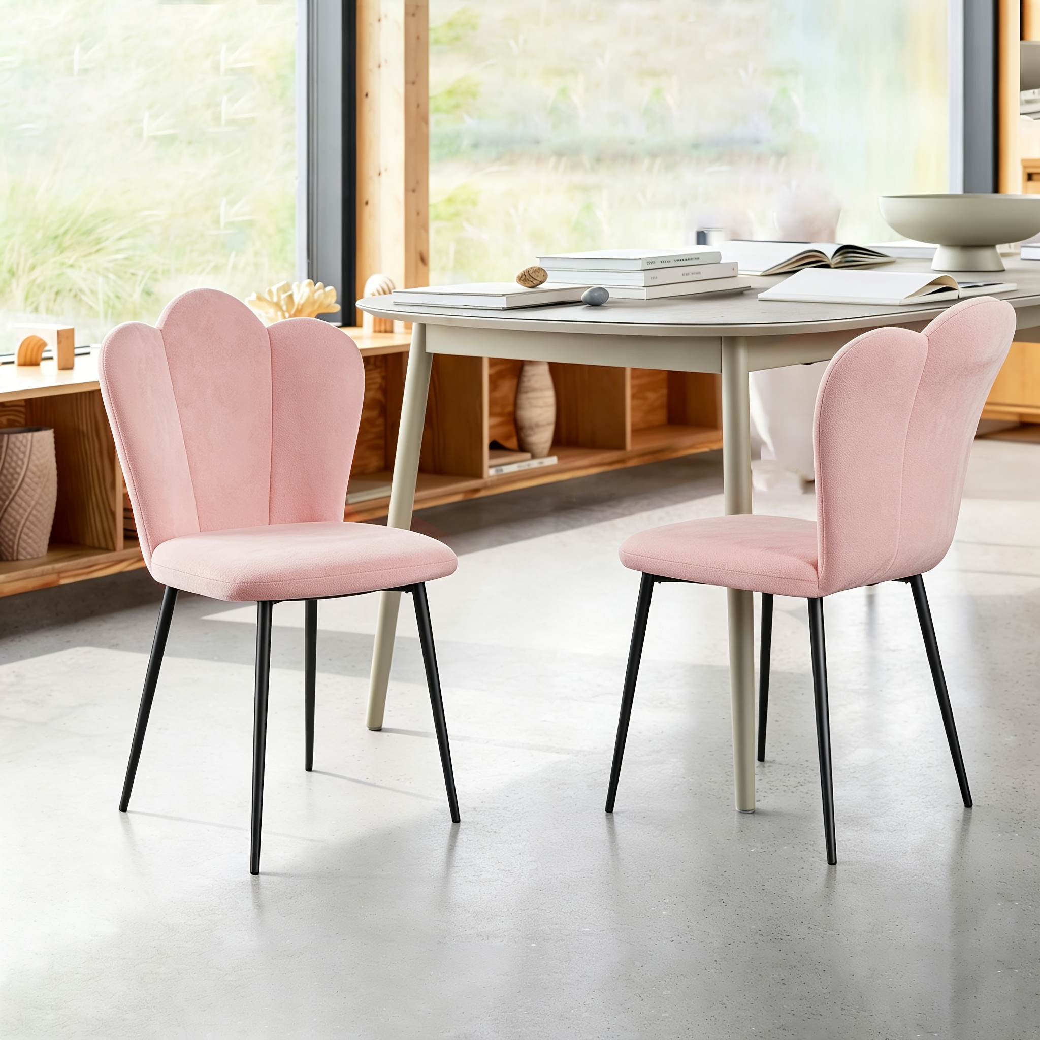 Image of Set Of 2 Dining Chairs With Padded Seats & Petal Backrest - Stainless Frame & Soft Velvet Upholstery Suitable, Living Room, Bedroom, Armless, Space- For Small Homes, Assembly