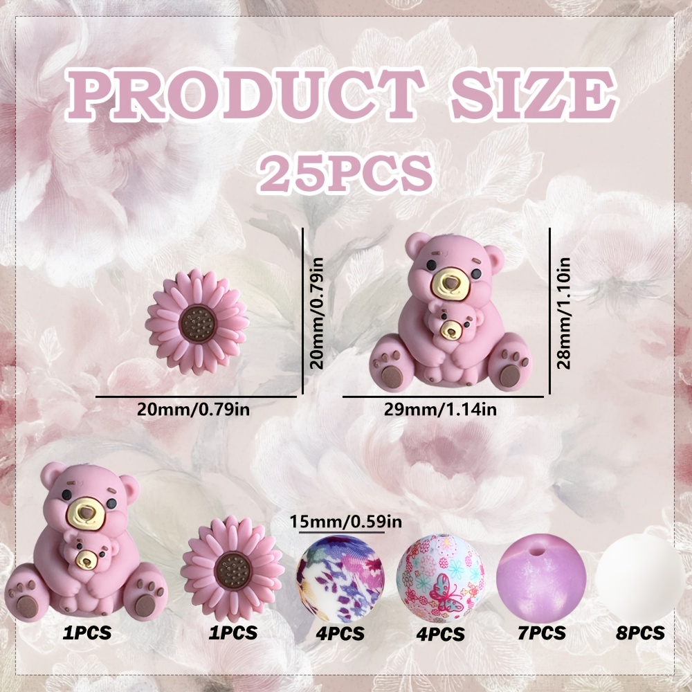 TEMU Ensemble de 25 perles en silicone, perles en silicone ours, assortiment de perles en silicone roses, perles décoratives adaptées aux stylos