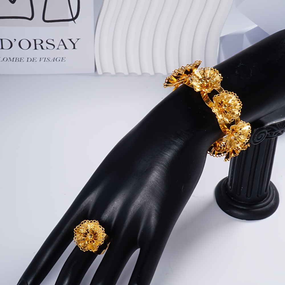 2pcs 24k Golden Plated Bohemian Wedding & Everyday Jewelry Set For - Luxury Floral Bracelet And Ring Suite, Wedding Party, , Dubai Luxe, Elegant Boho Style