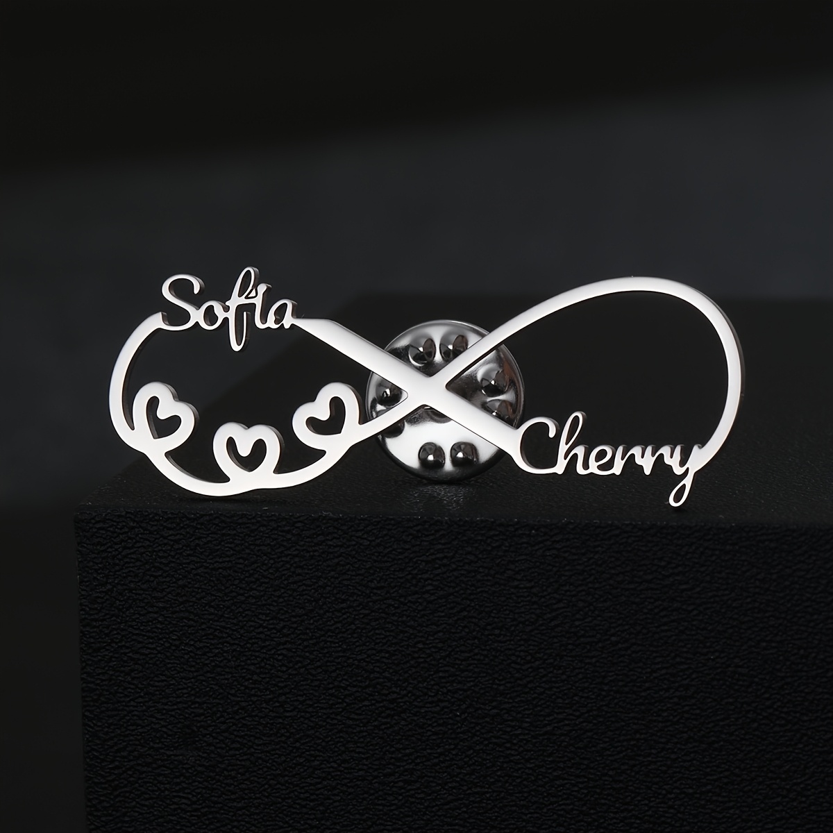 TEMU Personalized Infinity Name Brooch Pin – Custom Letter & Logo Design, Vintage Style Jewelry Gift With Cherry & Heart Accent, Trendy Accessory For