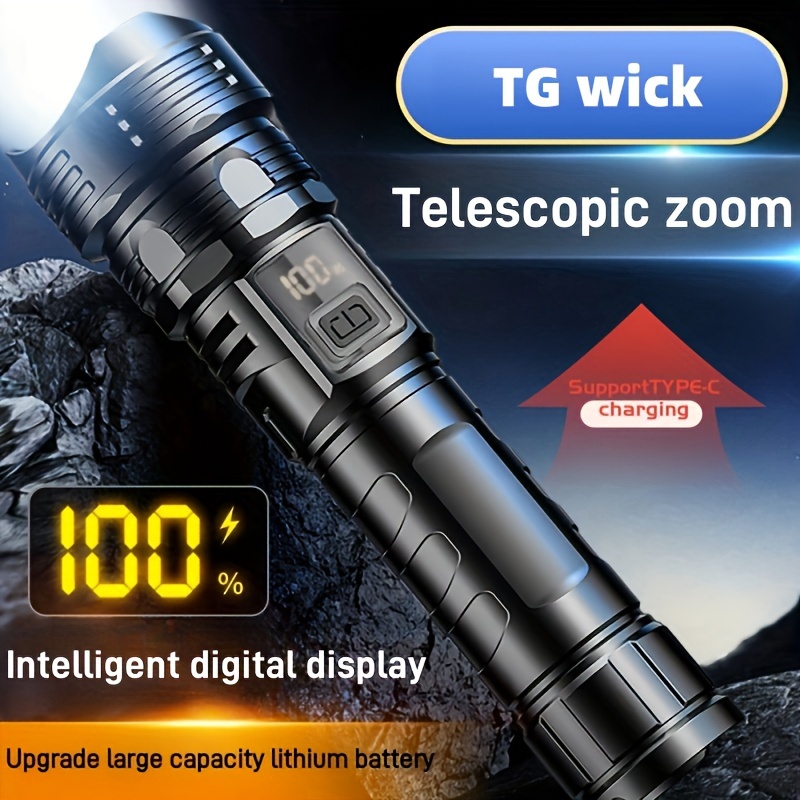 

1pc Led Digital Display White Light Flashlight, Usb Charging Zoom Flashlight, Outdoor Mountaineering Emergency Portable Long-range Flashlight