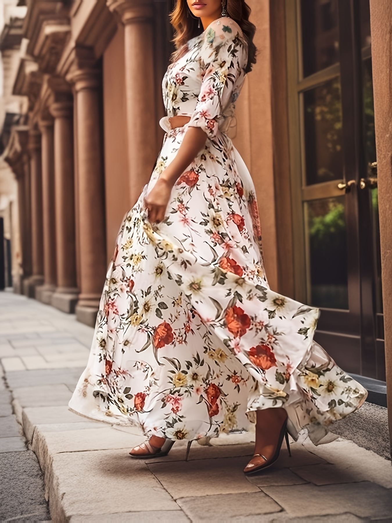 Women'* Dress Maxi long Dress - 3/4 Length Sleeve Floral Flower Print  Spring Summer Casual Hot Holiday vacation dresses Lantern Sleeve Ruffle  White ...