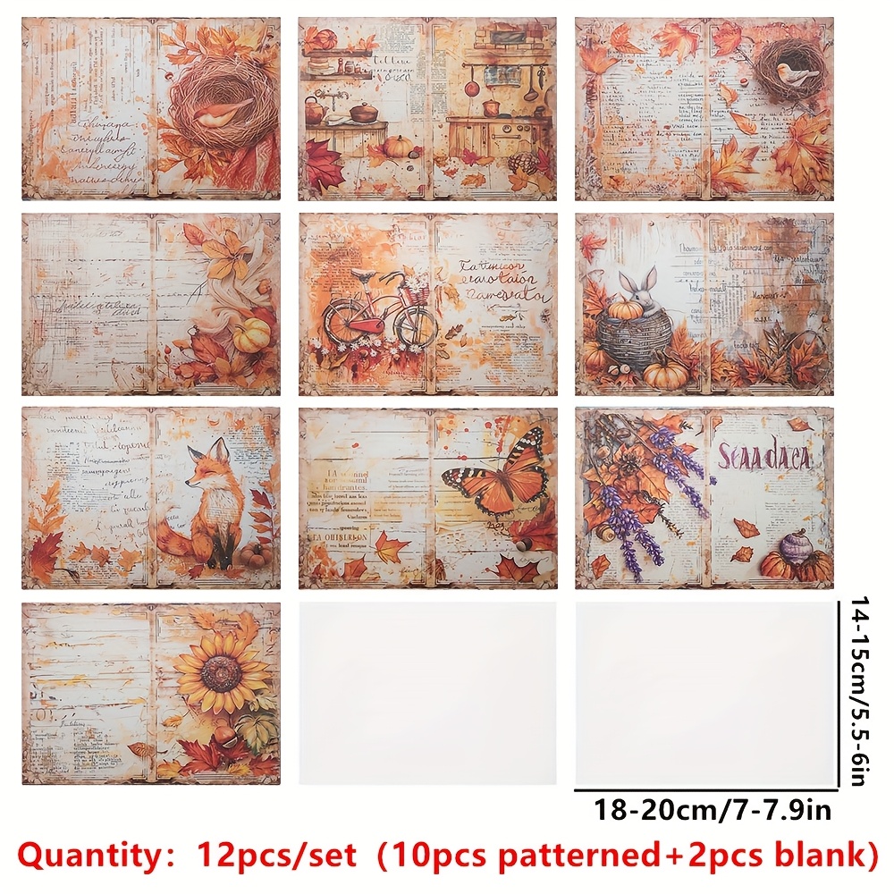 Image of 12pcs A5 Semi-transparent Premium Literary Style Sulfite Paper Material Paper Set, Autumn Vintage Falling Leaves/pumpkin//squirrel Etc. Theme Semi-transparent Craft Paper