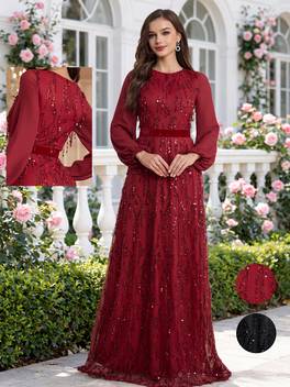 elegant directional fashion western sequined evening dress banquet round neck lantern sleeve birthday party dress company annual meeting hostess long dress
