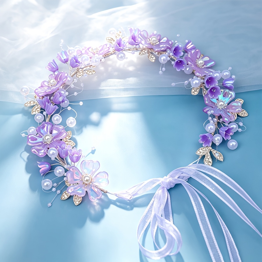 TEMU 1pc Hand-woven Headband With Purple Flowers And Rhinestones—luxurious Headpiece For Weddings And Parties