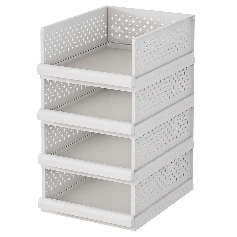 Image of Open Storage Box - 4pcs Stackable Plastic Drawer Storage Box - Foldable Clothes Cabinet Storage Drawer Rack Container For Living Room, Bathroom, Kitchen, Office