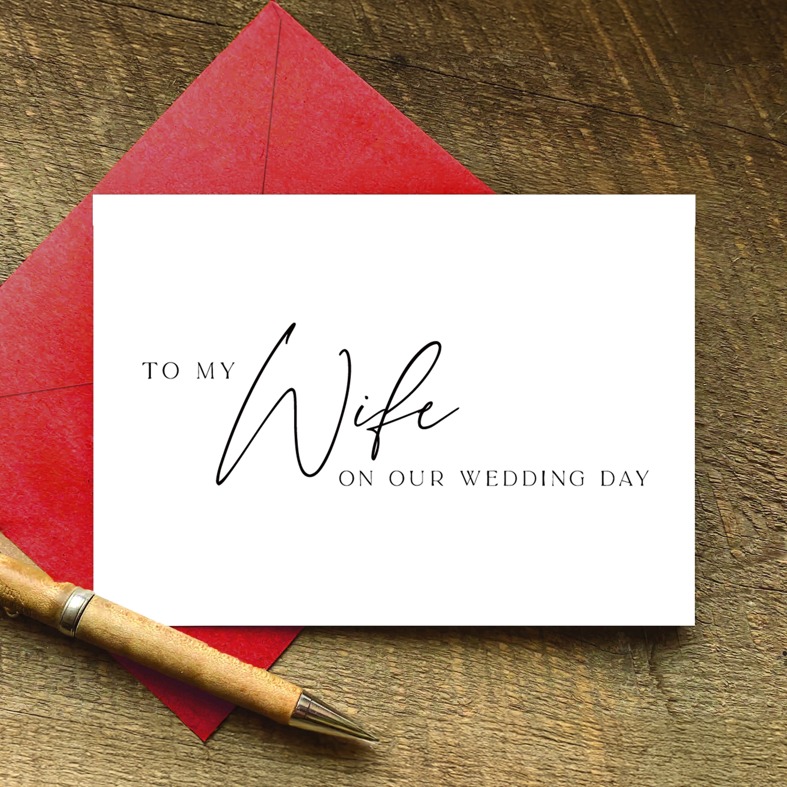 TEMU 1pc Minimalist Premium Cursive English Wedding Card "to My Wife On Day", Clean Background With Black And White Flowing Hand-written Calligraphy