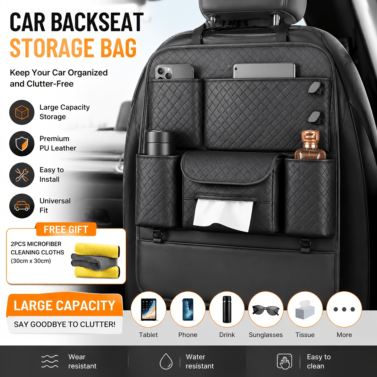 TEMU 1pc High-quality Black Car Seat Back Storage Bag - Large Capacity Faux Leather Organizer (includes 2pcs Cleaning Cloths), Suitable For Water