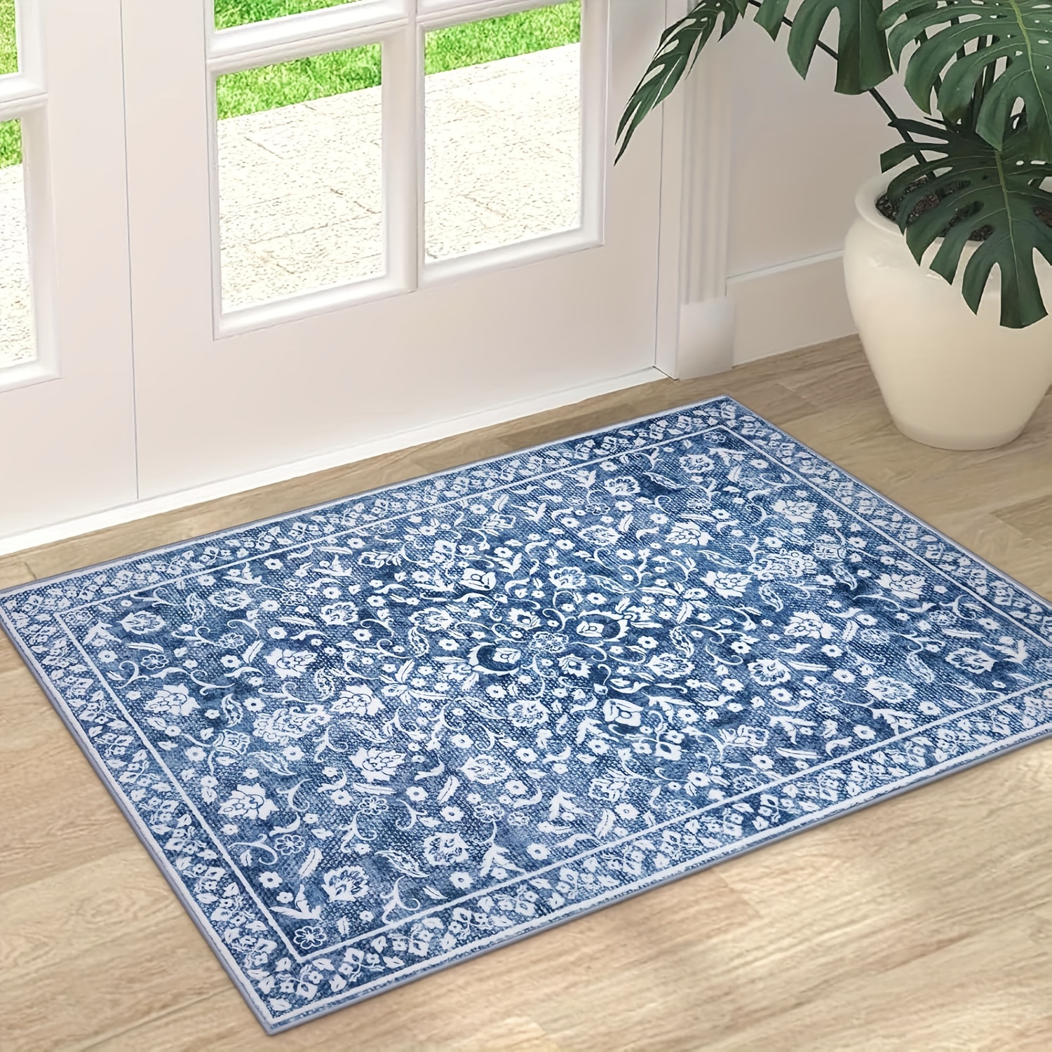 

1pc, Vintage Floral Entryway Rug, 23.6x35.4 Inches, Washable Blue Non-slip Area Rug, Soft Polyester With Rubber Backing, Machine-made, Mid-pile, For Kitchen, Bedroom, Office, Hallway