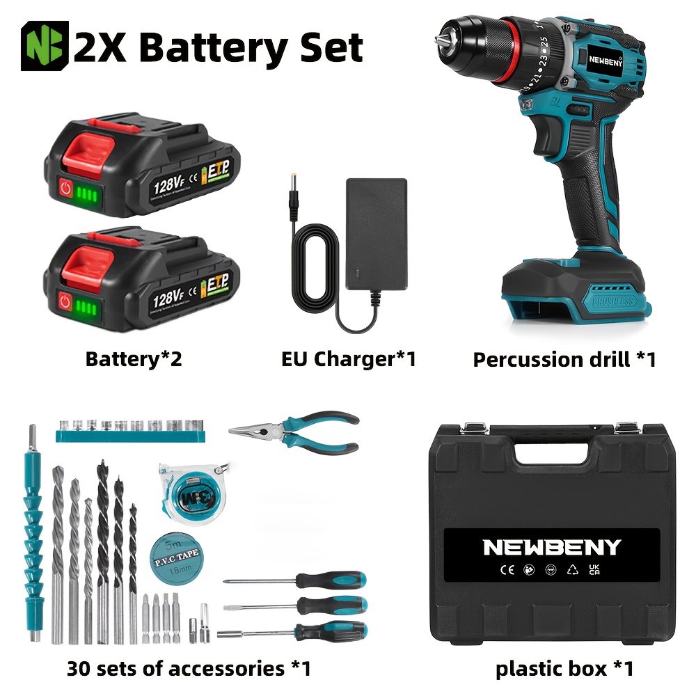 Image of Brushless Electric Drill Set, 10mm Electric Impact Drill Electric Screwdriver Set Electric Tool Kit, 3 Functions And 25 Gears Adjustable, Suitable For Furniture Diy Decoration Industrial Scenes