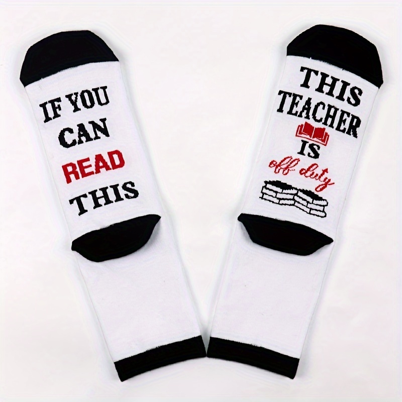 

A Pair Of Men's Funny 'if You Can Read This This Teacher Is Out Of Duty' Letter Print Crew Socks, Comfy Breathable Casual Soft & Elastic Socks, Spring & Summer