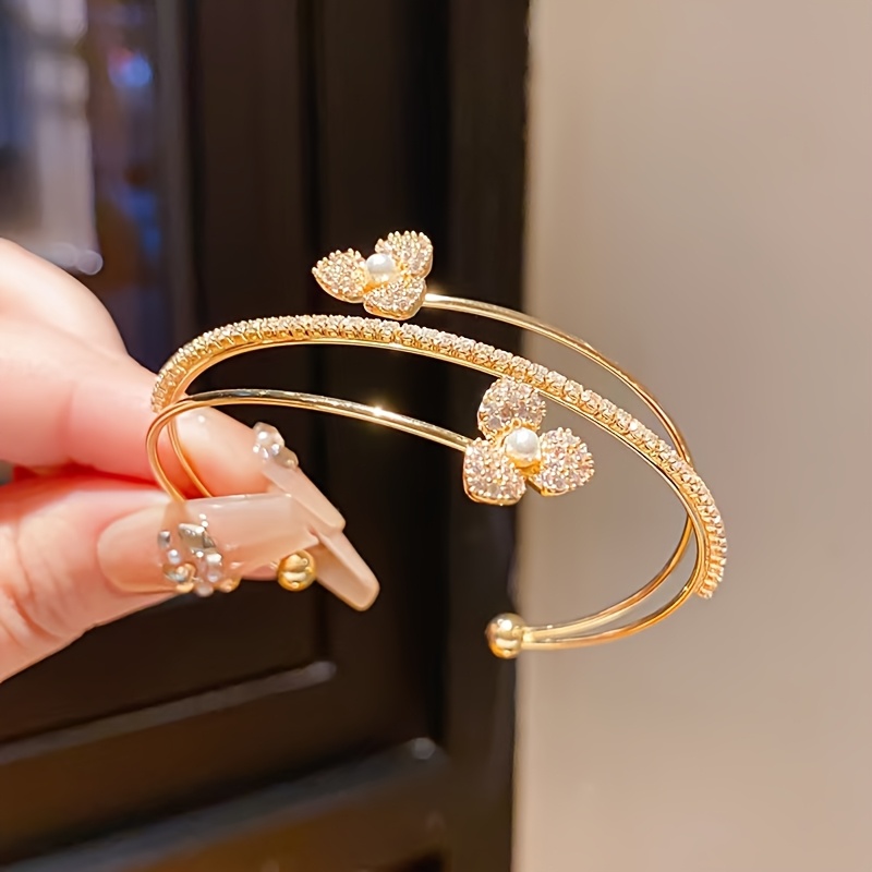 TEMU Elegant Luxurious Floral Open Bangle, Light Luxury Niche Design Temperament Bracelet, Suitable For Women' Wear, Banquets, Parties, Gifts