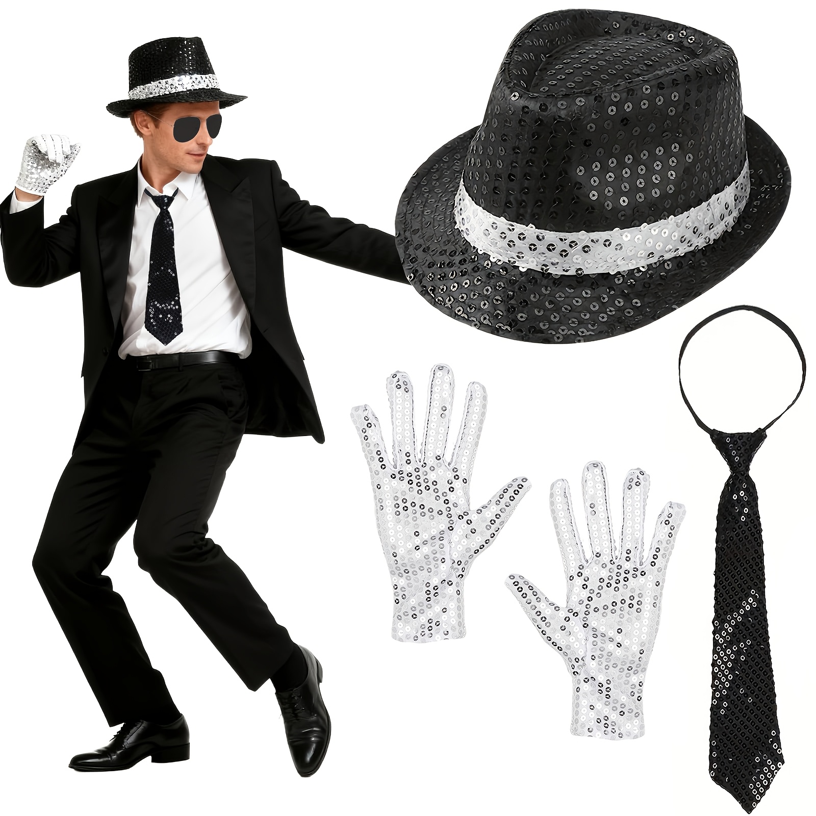 E-shop 3-teiliges 80er-Jahre Tänzer Rocker Star Pailletten Kostüm Zubehör mit Pailletten Hut Pailletten Handschuhe Fashion Tie Hip Hop Cosplay Set für
