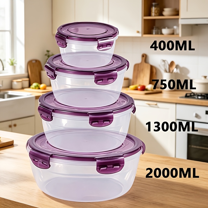 Image of 4pcs Round Plastic Bowl With Lid - Microwave And Outdoor Safe, Rustproof Food Storage Container For Camping, Catering And Refrigerator Organization
