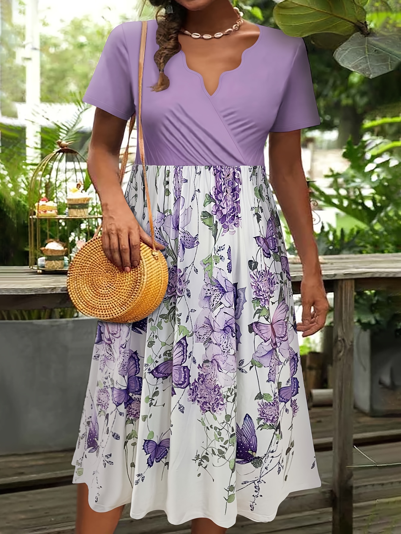 Trendy Plus Size, Purple Custom Made Dress, Black Floral Detail on Sleeves, Dress with Pockets. Free popular Shipping