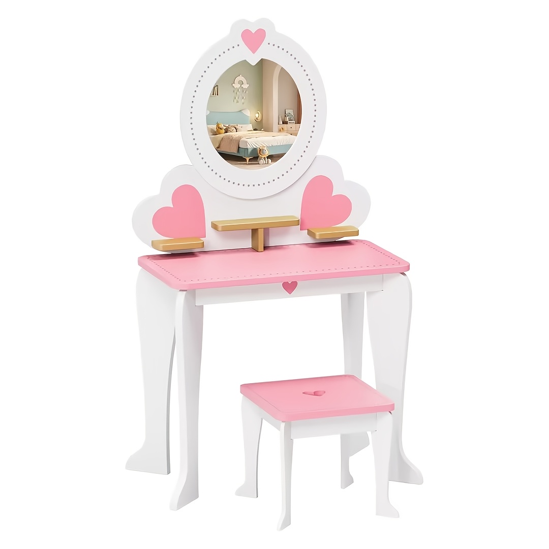 TEMU Tavolo da Toeletta con Specchio Rimovibile, Tavolo da Toeletta in Legno con Sgabello, Tavolo Trucco 2-in-1, Scrivania per Trucco, Studio, Set