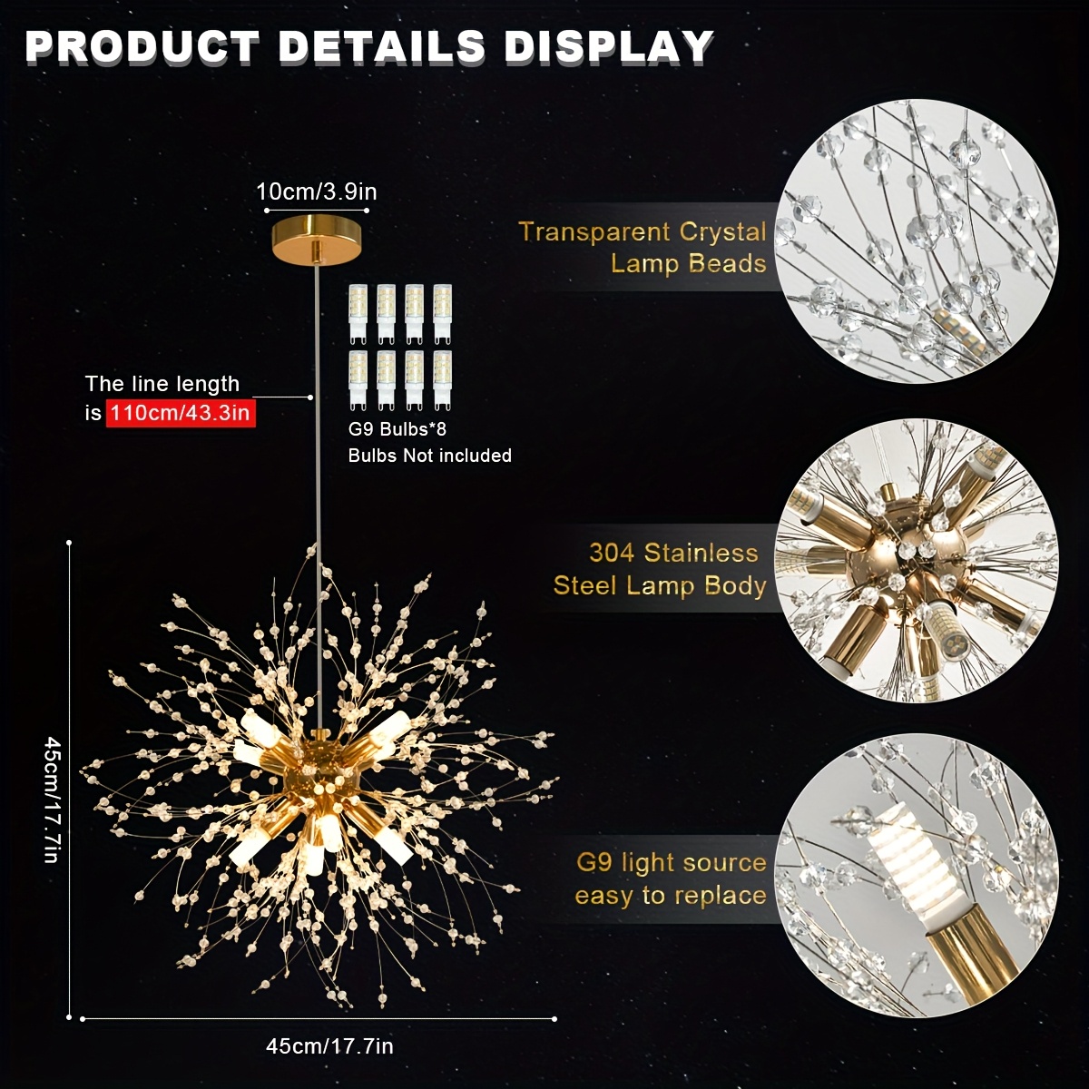 TEMU 1pc Lampadario a forma di dente di leone con cristalli dorati, design moderno, 8 lampadine G9, filo regolabile, struttura in metallo , per