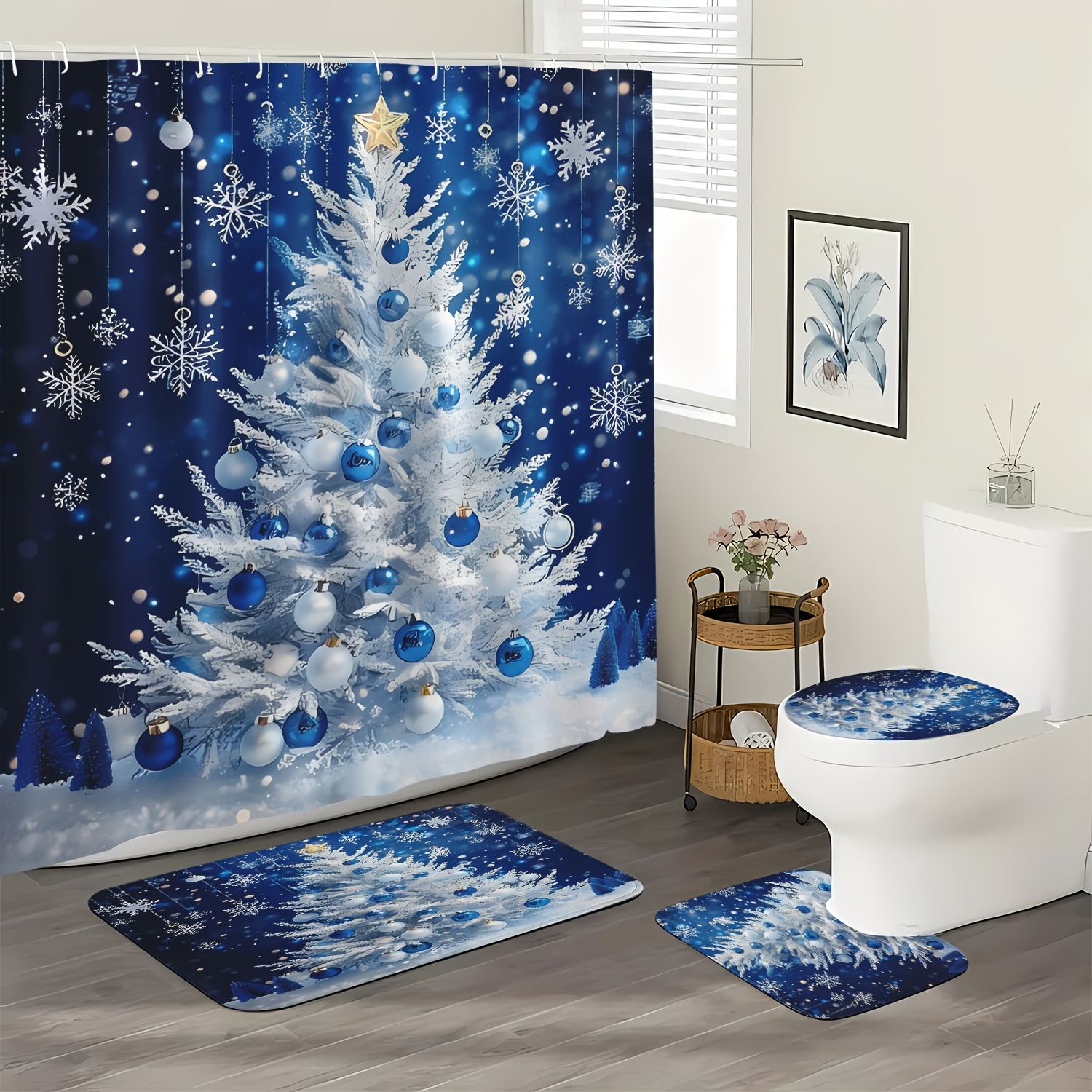 

Jit 1/4pcs Christmas Shower Curtain Set, Christmas Decoration, Christmas Bathroom Shower Curtain, Bathroom Mat, Rug, U-shaped Mat, Christmas , Bathroom Decoration Set, Decoration Accessories