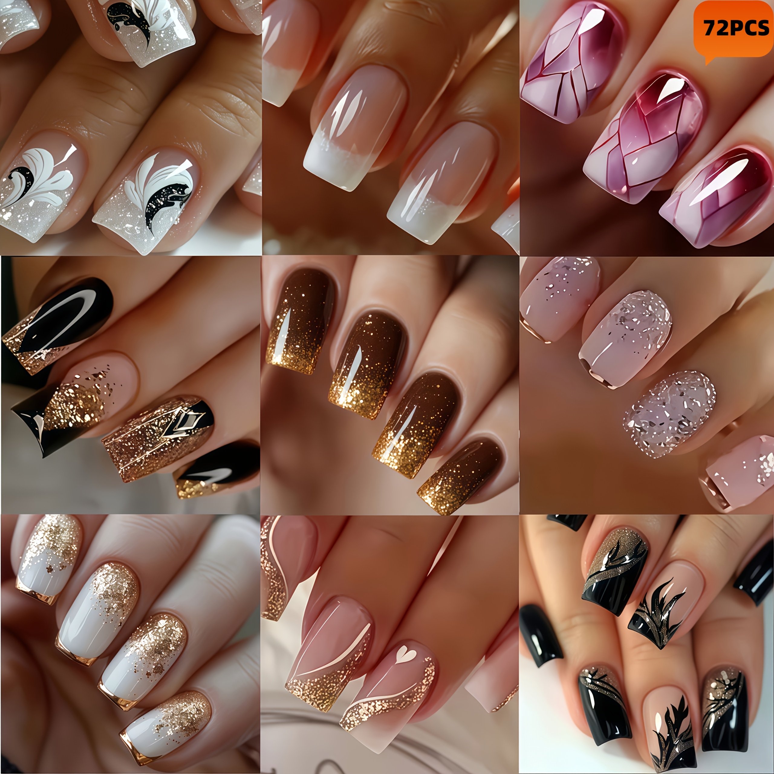 TEMU 72 uds. - 3 uds. por paquete, estilo francés, degradado, con , selección aleatoria de tres diseños, uñas postizas cuadradas de media para pegar,