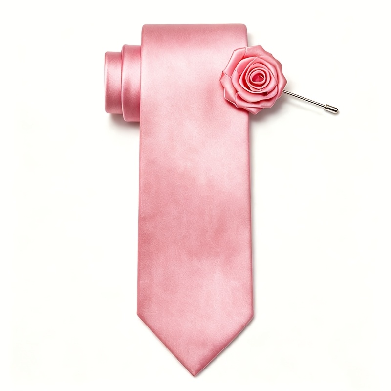 TEMU Solid Color Groomsmen Tie, Boutonniere Pin With Flower Accessory, Narrow/wide Hand-tied Glossy Finish 5cm/1.97in, Multicolor Red, Black Banquet,