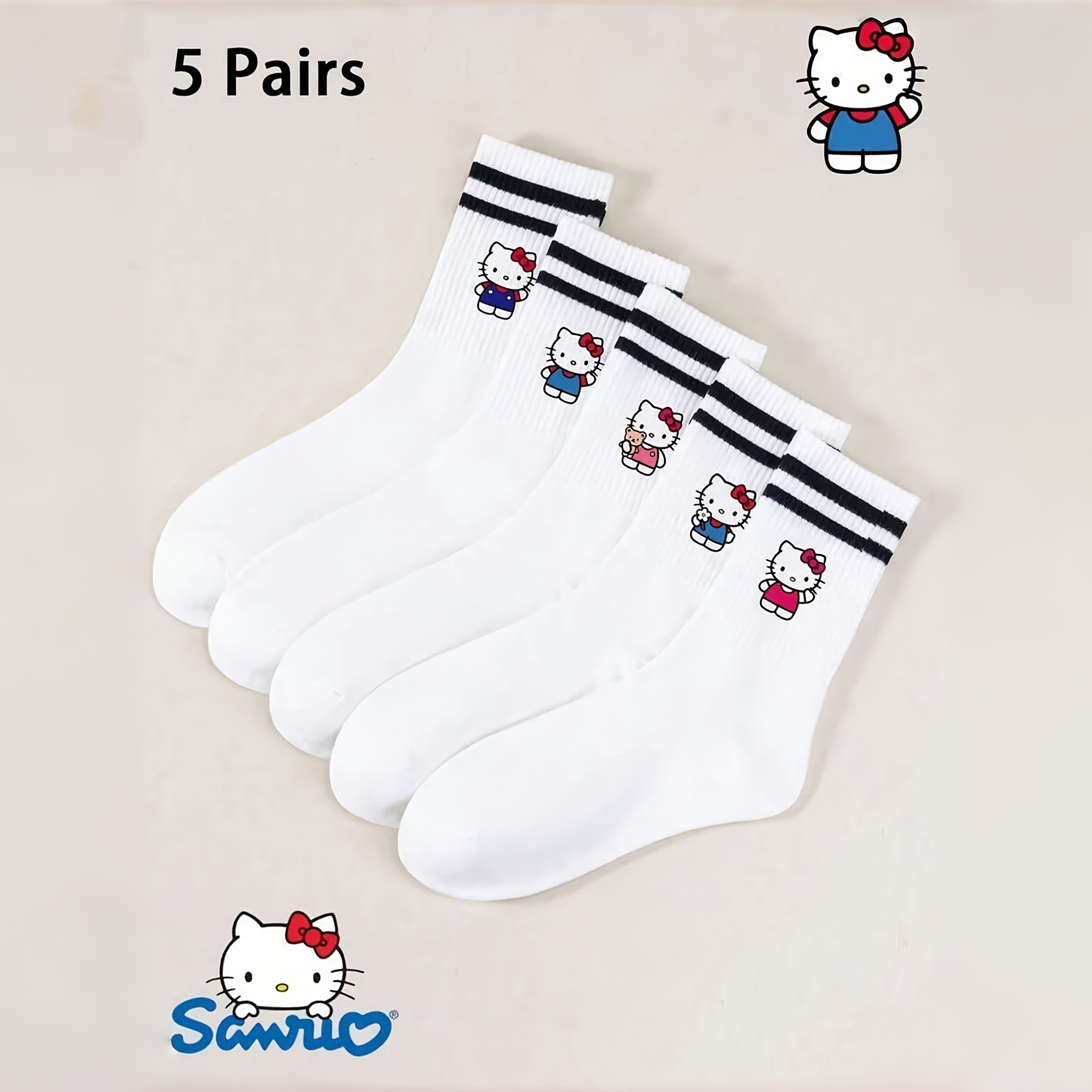 Image of 5 Pairs Hello Kitty Socks - Kawaii Kt Cat Anime Mid-calf Crew Socks With Iconic Hello Kitty Face & Kt Cat, White With Black Stripes, Unisex Suitable For , Machine Washable For, Office, Casual Attire
