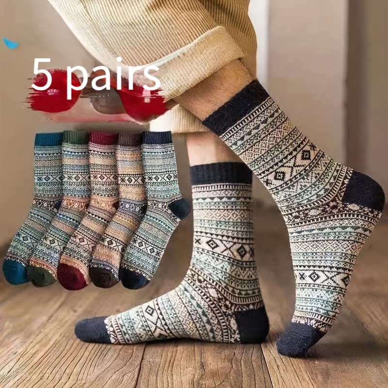 

5 Pairs Retro Ethnic Mid-length Socks, 95% Polyester 5% Spandex Knit Fabric, Warm Yarn, Hand Wash Only, Trendy Striped Pattern For Men And Women, Autumn And Winter Socks