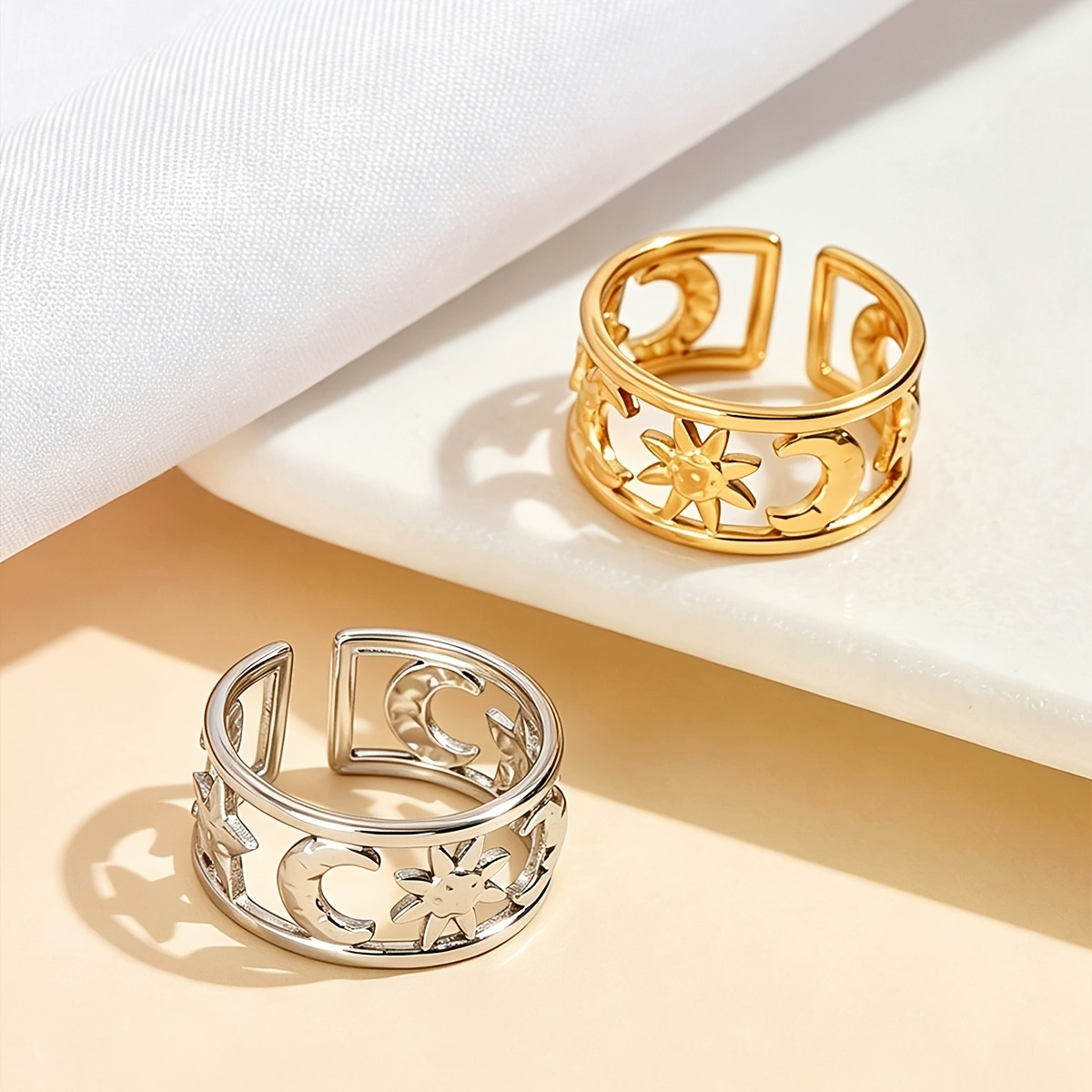 Women's Open-Adjustable Star and Moon Pattern Stainless Steel Ring