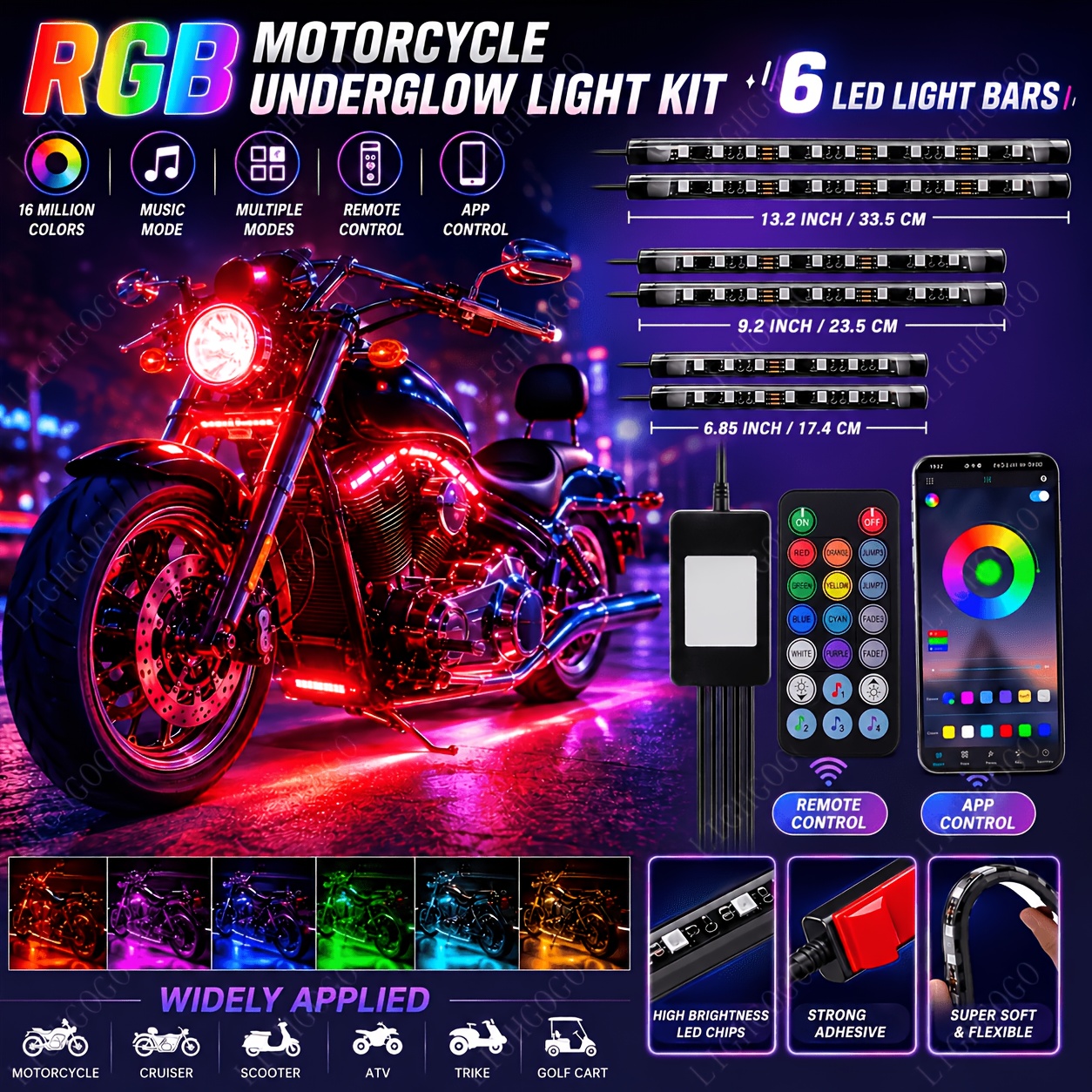 TEMU Dc12v Universal Motorcycle 6-in-1 Rgb Led Ambient Light Set With Mobile App + Dual Remote Control For -color Changing Modified Color Lights,