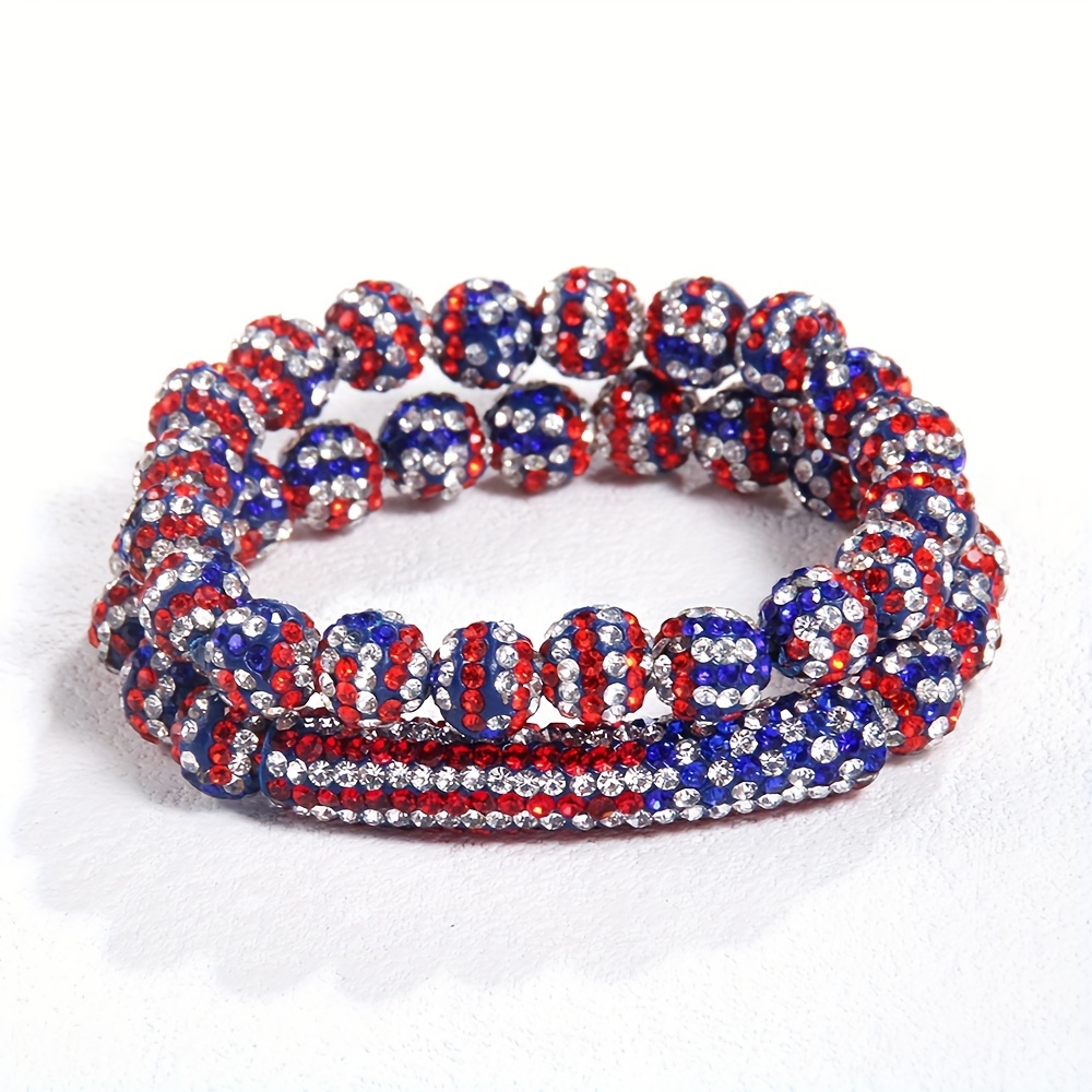 

2pcs Stretch Bracelet Set, 10mm Sparkling American Flag Rhinestone Beaded Bracelets, Soft Clay Shamballa Bead Jewelry, Fashionable Ethnic & Simple Style, Independence Day Accessory