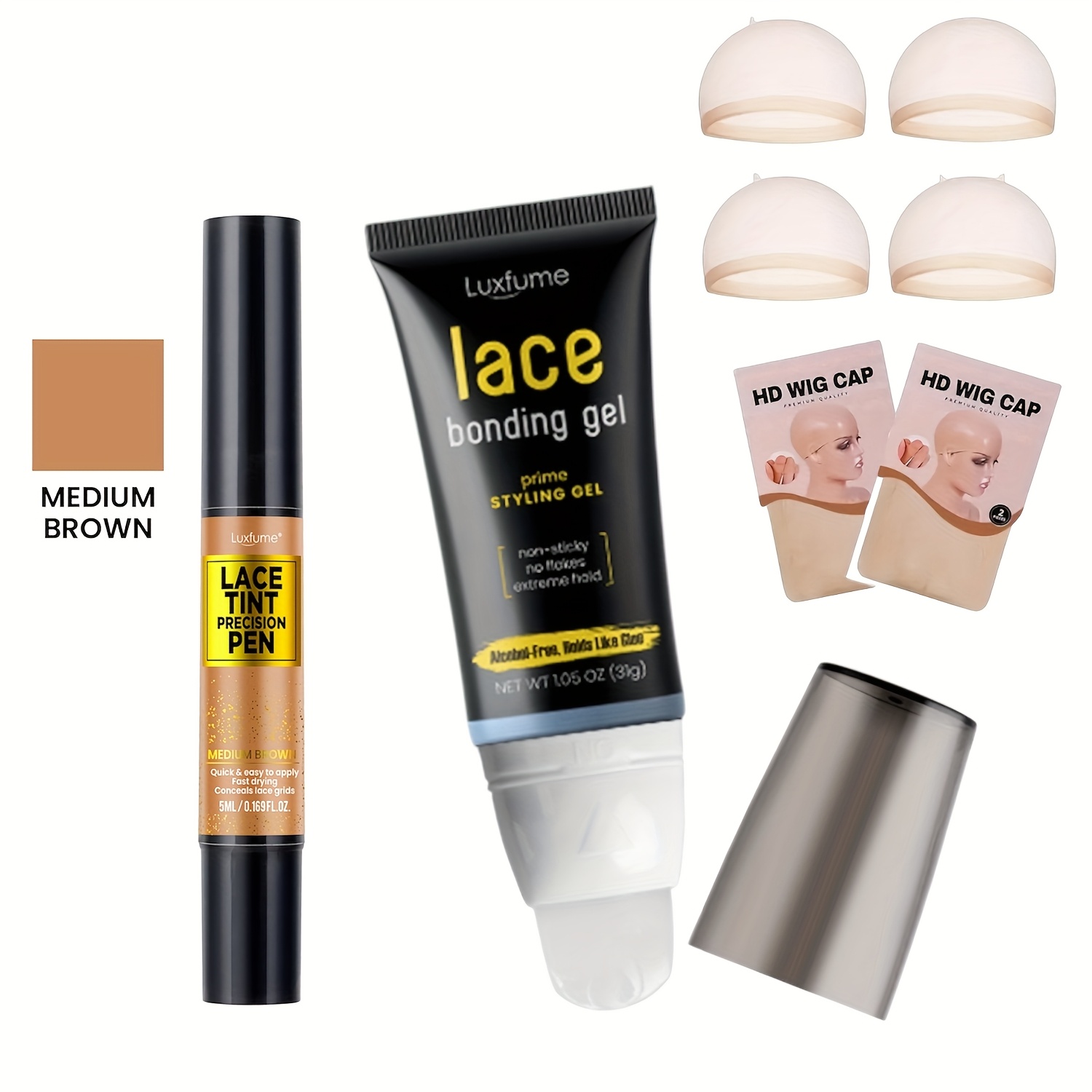 TEMU Ensemble de 6 outils pour perruques frontales en dentelle colle - Gel de dentelle de haute qualité, stylo de couleur de dentelle précis, bonnet