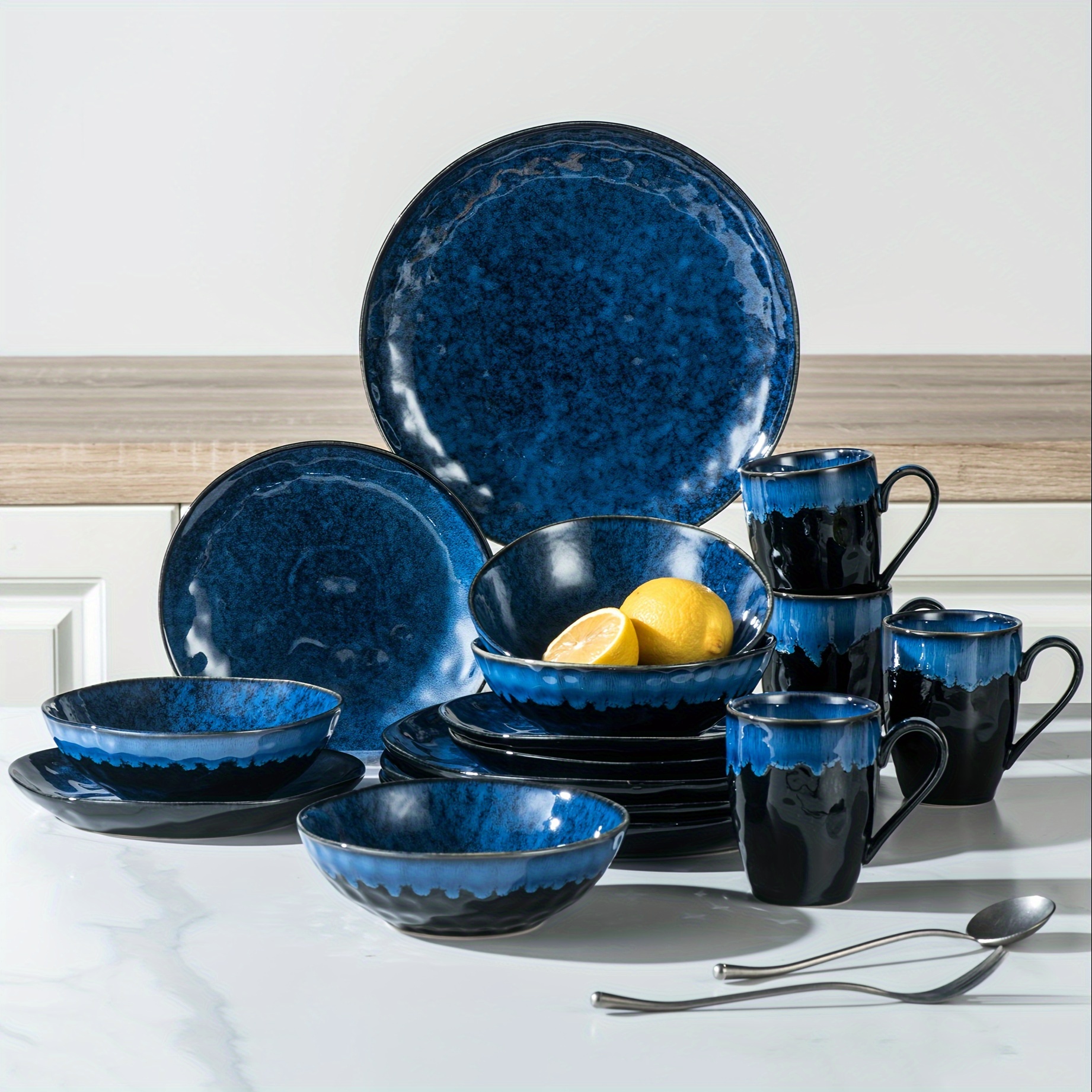 TEMU Dinner Set For 4, Starry Blue Dinner Sets, Reactive Glaze Dinnerware Tableware, 16pcs Dinner Service With 11in Dinner Plate, 8in Dessert Plate,