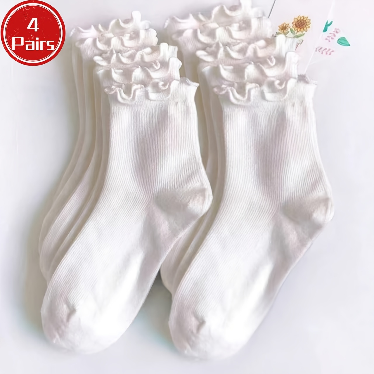 TEMU 4pairs Daily Comfortable Versatile Casual Minimalist Ruched Scalloped Trim Matching School Jk Ballet Flats Easy Mid-calf Socks