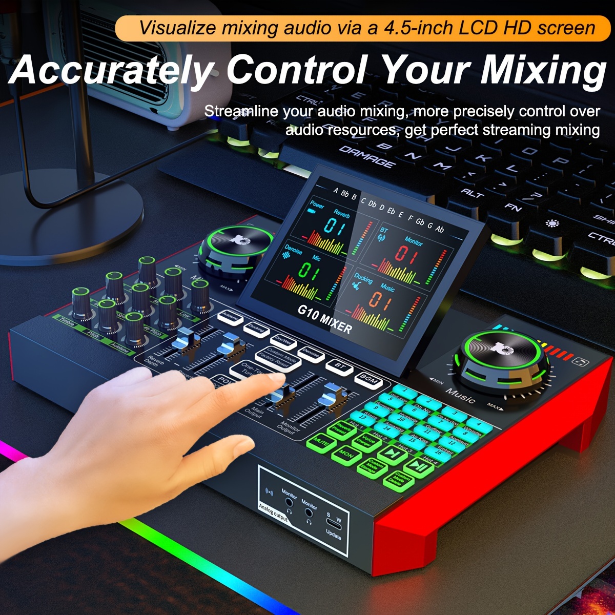 

Gaming Audio Mixer, Streaming Rgb Pc Mixer With Xlr Microphone Interface, Individual Control, Volume , 48v Power, For Podcast/recording