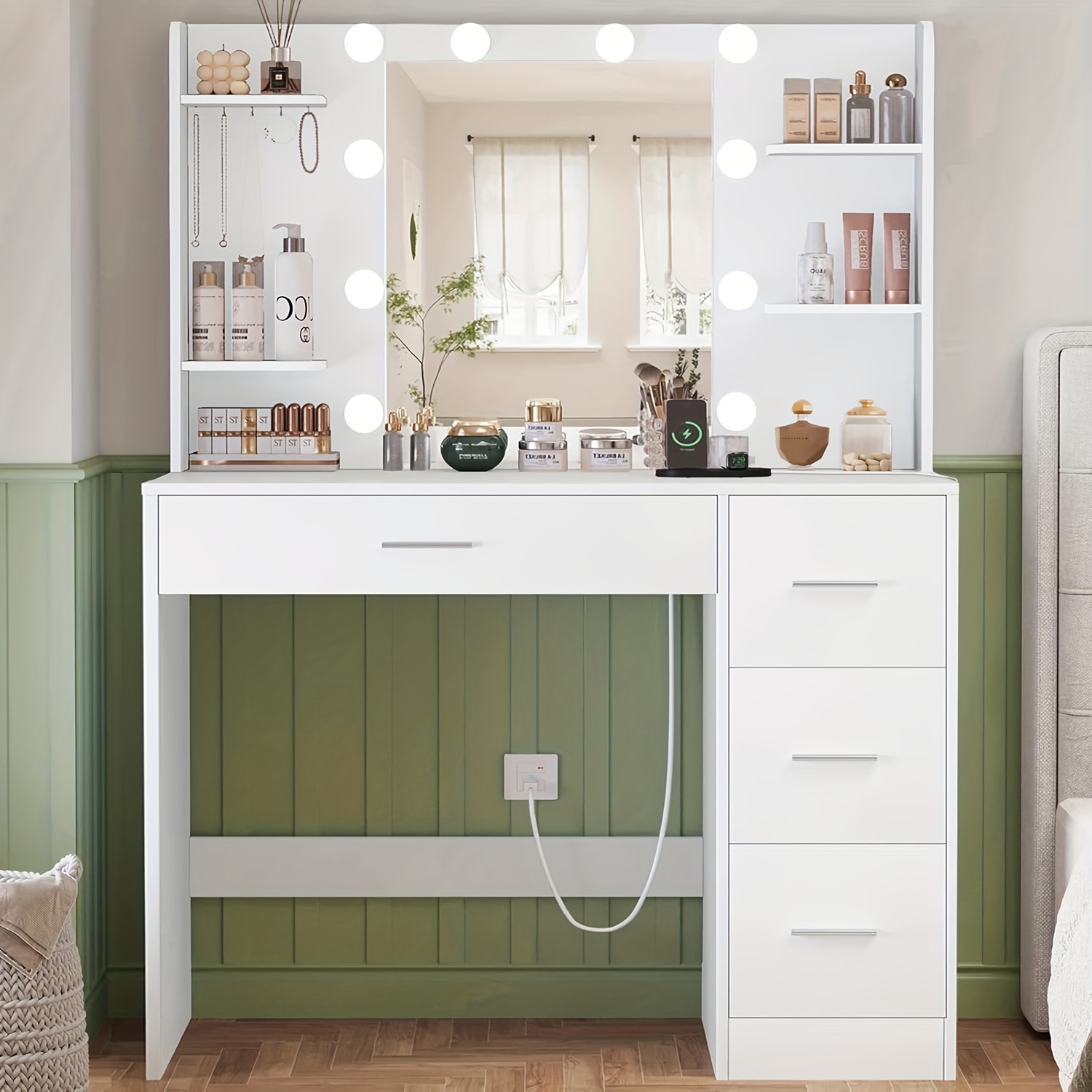 E-shop Schminktisch mit großem Spiegel, Schminktisch mit LED-Beleuchtung, einstellbare Helligkeit, Kosmetiktisch mit 4 Schubladen, moderner Stil,