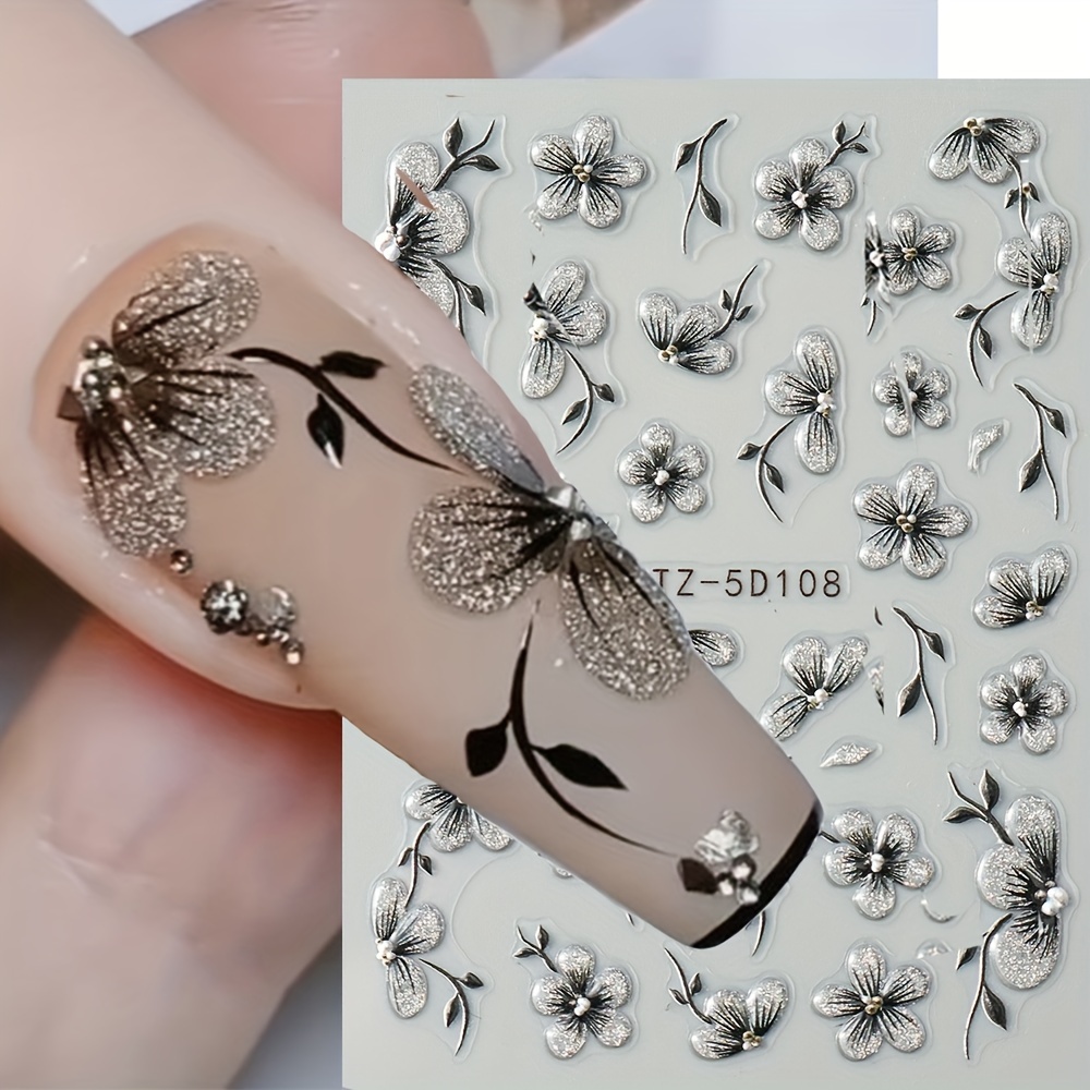 

2pcs 5d Floral Nail Art Stickers Set - Acrylic Flowers Decals With Glitter, , Self-adhesive For Women And Girls, Single Use Elegant Black Theme, Rectangle Shape, Unscented - Ideal For Plastic