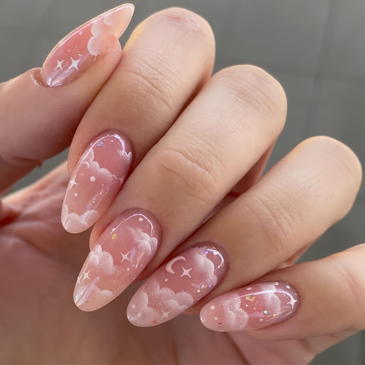 

24pcs Glossy Pinkish Press On Nails With Clouds, Starlight Design, Sweet Medium Almond Fake Nails Full Cover Fake Nails For Women Girls Daily Wear