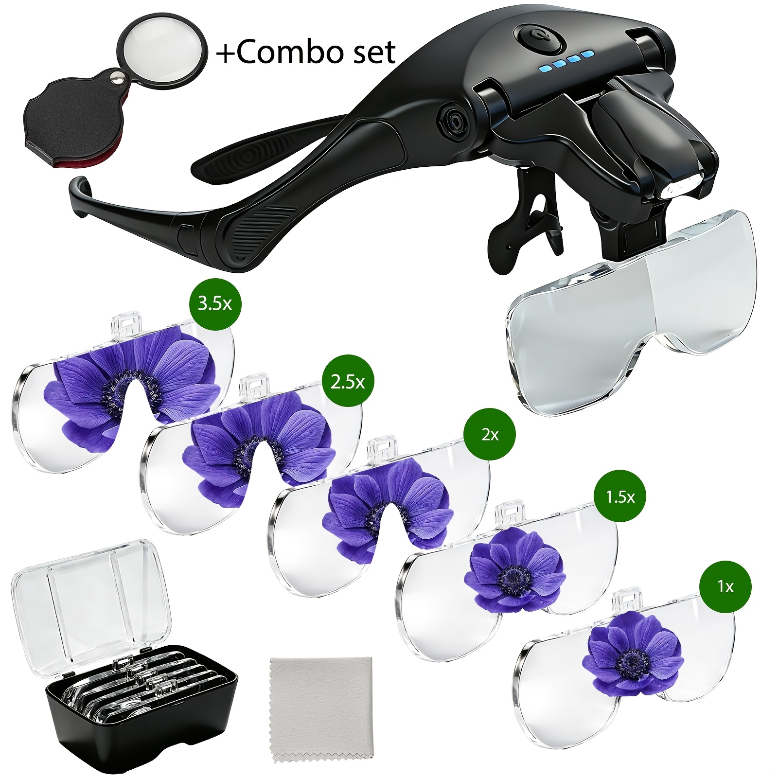 Image of Head-mounted Led Magnifying Glass+ Mini Folding Magnifier (2-pack), 1x-3.5x Magnification, With 5 Interchangeable Lenses; Ideal For Reading, Watch Repair, Soldering , Crafts, Carving, And Embroidery