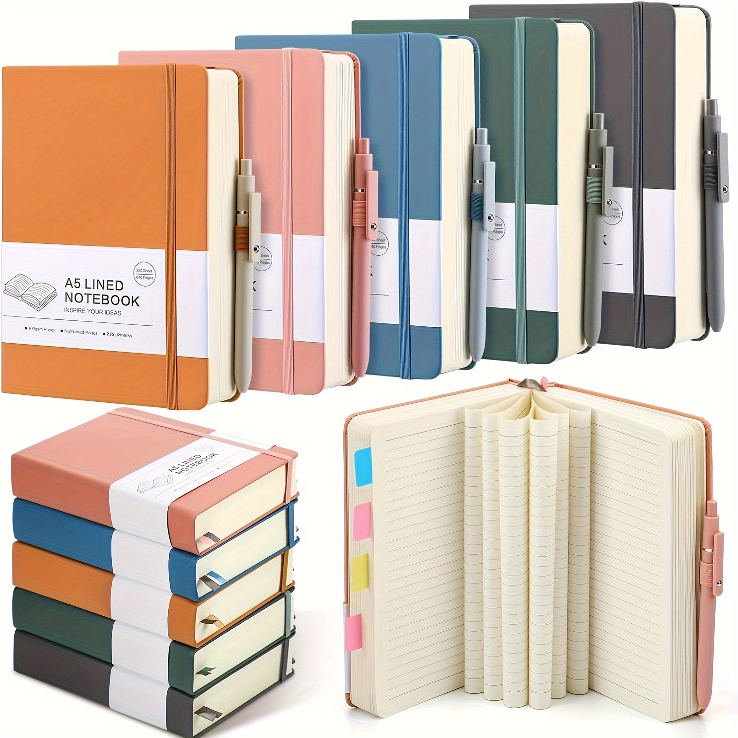 

10 Set 640 Pages Thick Leather Journal Notebook With Pen, A5 Thick Lined Journal Notebook, Multicolor For Writing, 320 Sheets Diary Notebook For School Office Home Travel
