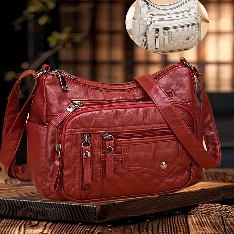 

Women' Multi-zipper Crossbody Bag - Soft Leather Shoulder Bag, Multiple Pockets, Polyester , Nylon Material, Zipper Closure, Solid Color, For Autumn And Winter, Ideal Christmas Gift