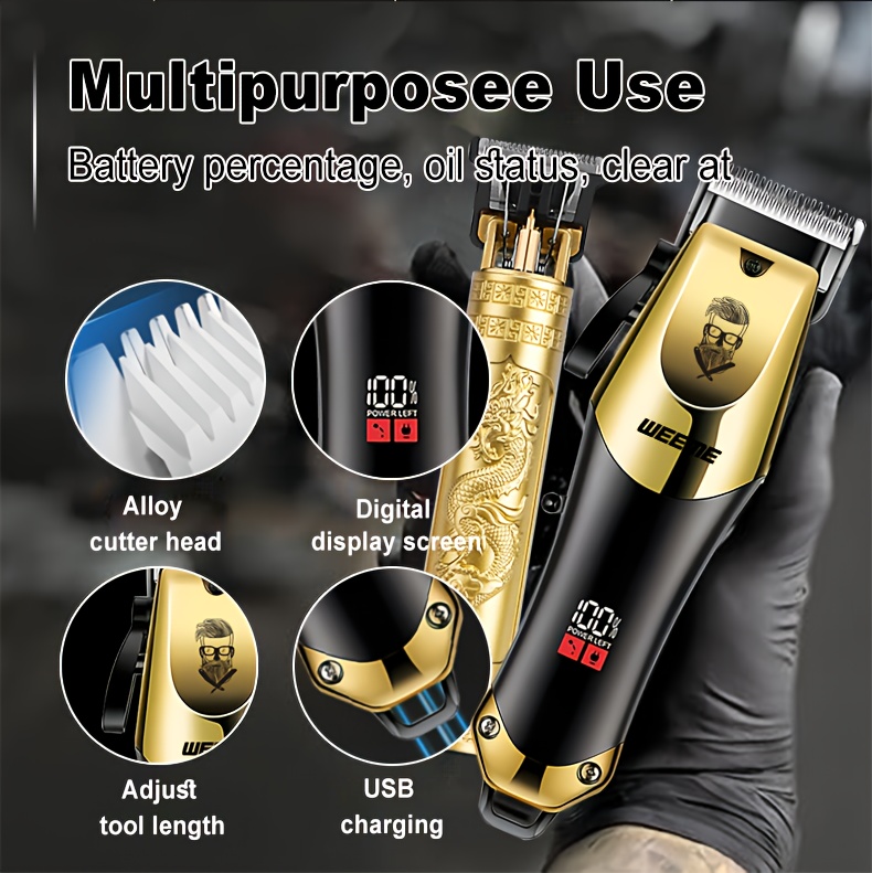 WEEME 3pcs Men's electric hairdresser set, hairdresser hairdresser set, household electric hairdresser set, USB charging electric hairdresser, alloy knife head, LCD display, carving shape, household car travel use, Father's Day gift