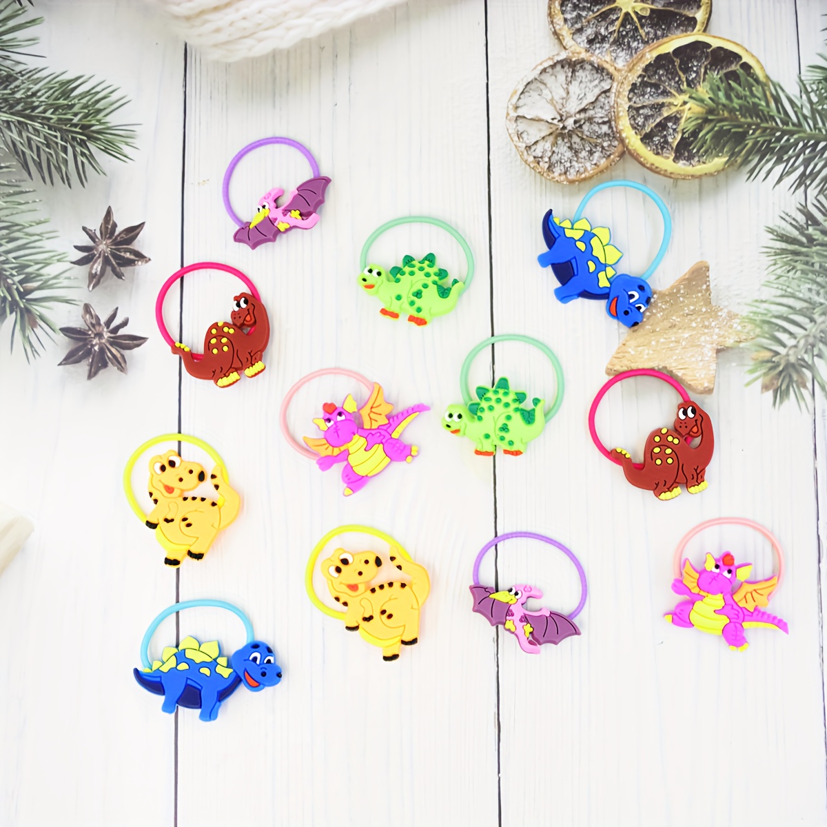 Image of 12pcs Of Dinosaur Hair Ties, Dinosaur Themed Party Decorations, Small Birthday Gifts, Random Hair Tie Colors
