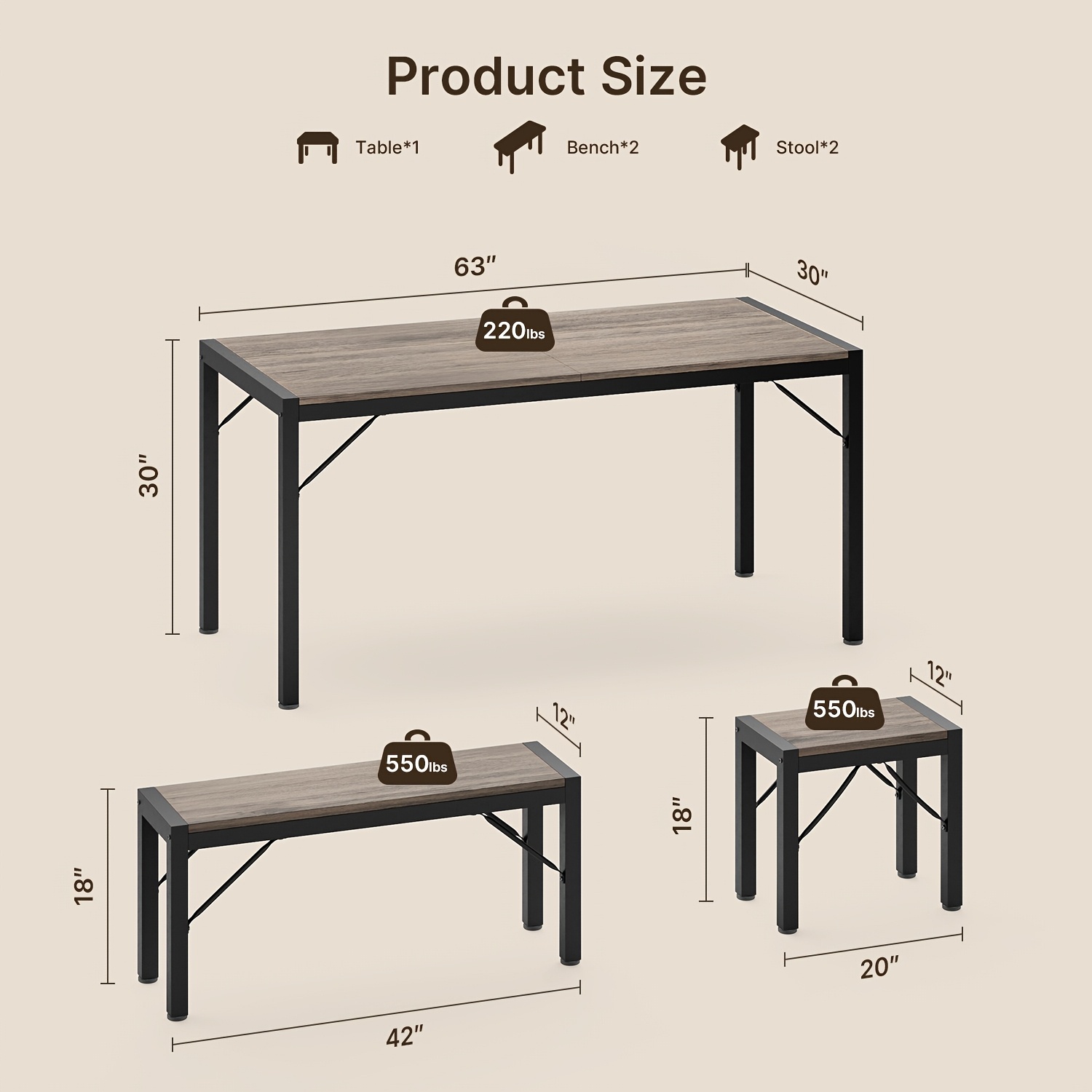 Non-Folding 5pcs Indoor & Outdoor Dining Table Set, 6 Seater Patio Kitchen Table with 2 Benches & 2 Stools, Industrial Space-Saving Set for Picnic, Camping, Backyard