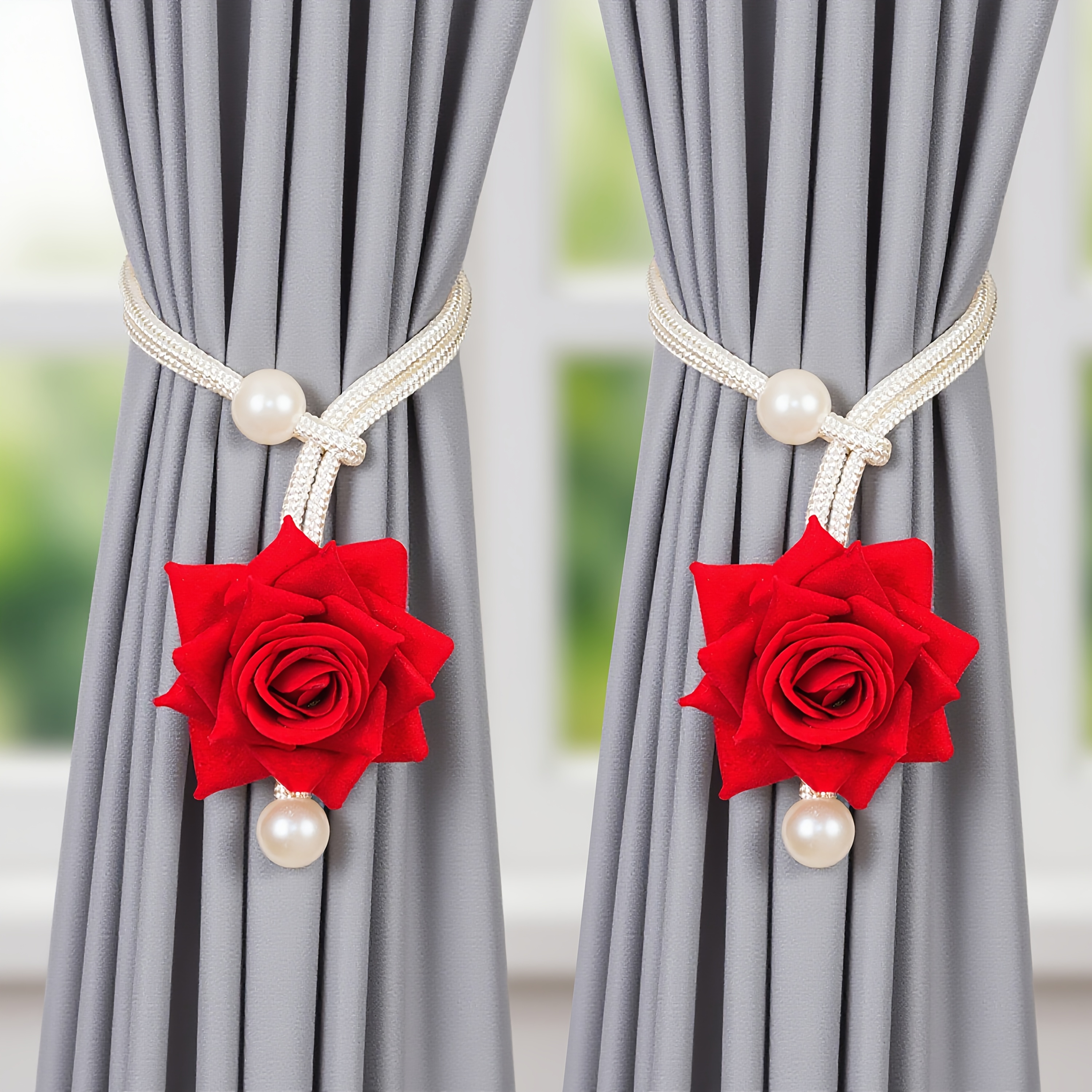 E-shop 2er-Set rote Rosen-Gardinenbänder aus Kunststoff, romantische Vintage-Gardinenkordeln für den Valentinstag, lebensechte florale Gardinenbinder.