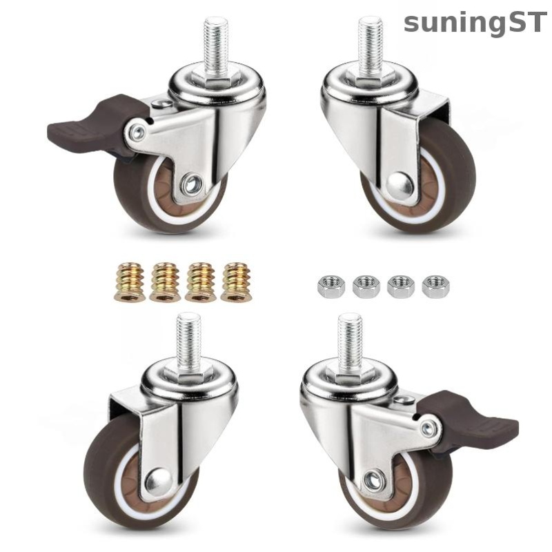 Image of 1.25-inch Low-profile Silent Swivel Casters - M6 X 15mm Threaded Stem, 150 Lbs Load Capacity, Set Of 4 (2 With Brakes)